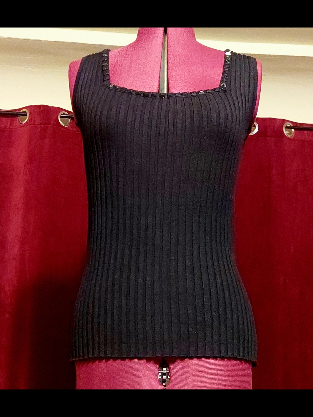Black Rib Knit Tank Sweater With Jeweled Square Neckline - Sz. M